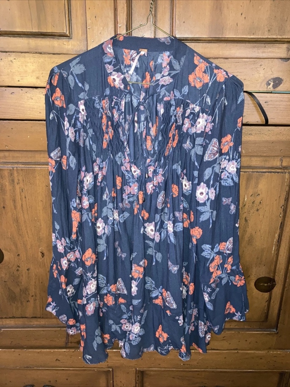 FREE PEOPLE Dusty Blue/Orange-Long Sleeve Boho Hippie Swing Tunic Blouse-XS